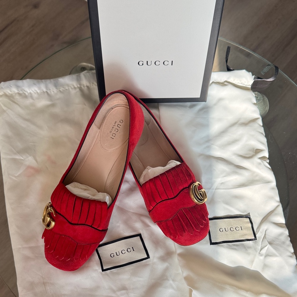 Gucci Red Flats with Gold Detail